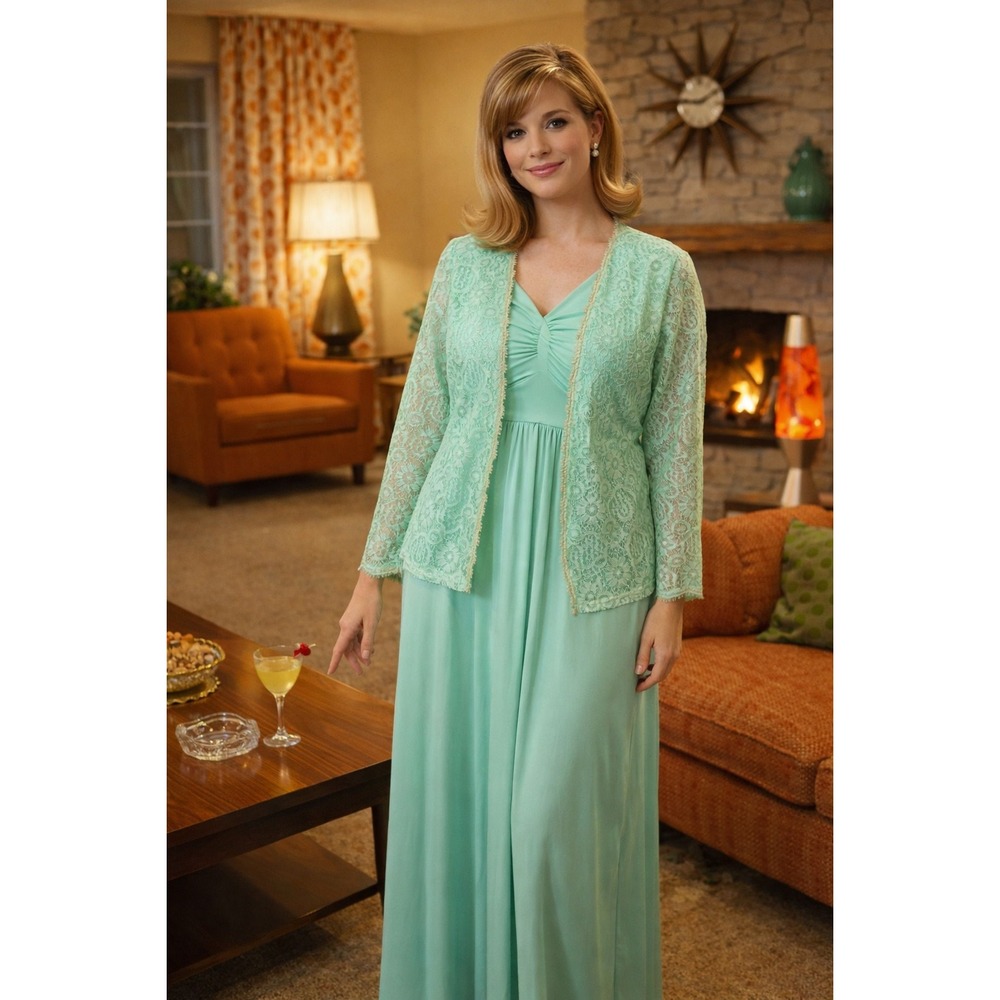 Vintage V Neck Maxi Dress Floral Lace Open Front Blazer Jacket Green Womens